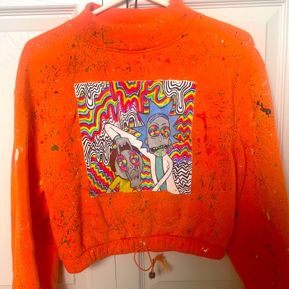 Hand painted trippy Rick and morty orange sweatshirt, slightly cropped, - Picture 2 of 2
